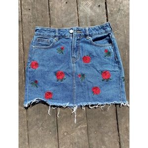 Embroidered Red Rose Jean Mini Skirt